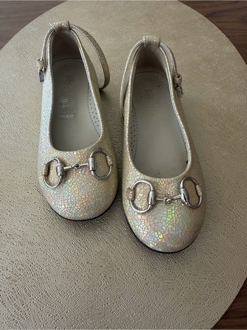 Gucci Girls Iridescent Gold Horsebit Mary Jane Flats